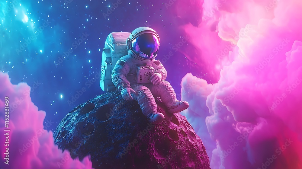 Aufkleber astronaut rests on asteroid in neon space