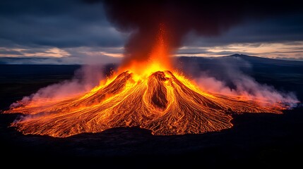 Fiery Lava Flows Down Volcanic Mountainside At Dusk