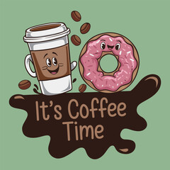 Cheerful illustration of a coffee cup and a donut, both with smiling faces, set against a vibrant green background