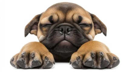 Adorable sleeping puppy with paws forward, isolated on white.