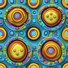 Fototapeta premium Colorful seamless pattern featuring abstract circular shapes and vibrant textures, creating playful and dynamic visual effect. Ideal for various design applications