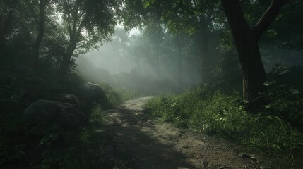 Fototapeta premium Misty forest path winding through lush greenery and large rocks.