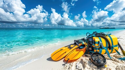 Obraz premium Scuba gear on white sand beach with aqua sea, clouds, horizon, and cruise ships.