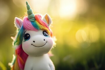 Fototapeta premium Rainbow Mane Unicorn Plush Toy Outdoors in Sunlight