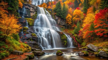 Serene Waterfall Cascading Through Vibrant Autumn Foliage, a Picturesque Scene of Nature's Beauty