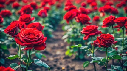 A field of red roses with a few stems bent towards the ground, as if being touched by an unseen force, botanicals, field