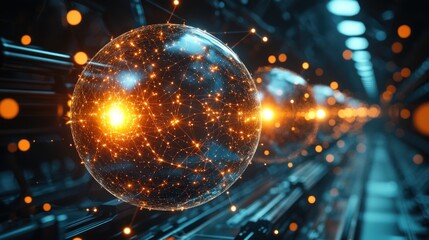 Illuminated Network: A Digital Sphere's Journey Through a Futuristic Corridor