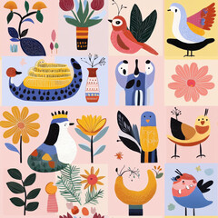 Naklejka premium Colorful seamless pattern featuring whimsical animals, flowers, and plants, showcasing playful and artistic design. Perfect for textiles, wallpapers, and home decor