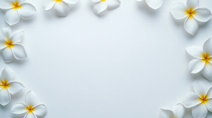 Beautiful Plumeria flowers arranged symmetrically on a white background, providing clean space for any text or creative addition