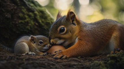 Obraz premium Adult squirrel and kit snuggle near acorn.