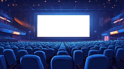 A blue movie theater with vacant seats and a white blank screen. idea of pleasure, relaxation, and a movie theater. 