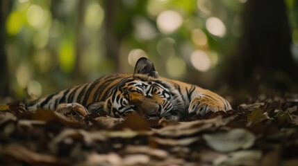 Obraz premium A Sumatran tiger rests on fallen leaves in a lush green forest.