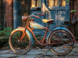 Old, weathered bicycle with rust parked by a blue door and tree.