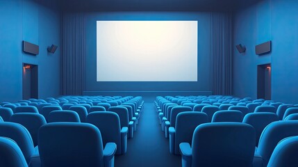 Fototapeta premium A blue movie theater with vacant seats and a white blank screen. idea of pleasure, relaxation, and a movie theater. 