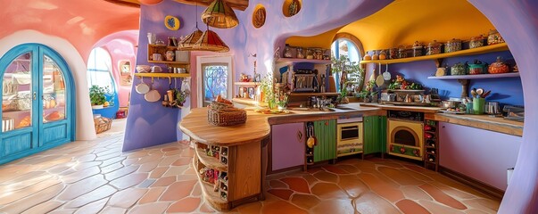 Tilted angle view, a whimsical kitchen in a floating castle, vibrant colors and fantastical ingredients, culinary magic in the air