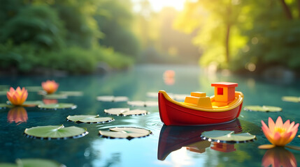 Obraz premium Serene sunset hues paint the tranquil pond; a tiny red boat floats gently amidst lily pads, reflecting the calm.