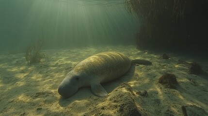 Dugong resting on sandy ocean floor, sun rays filtering through water.
