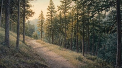 Fototapeta premium Serene sunset trail through a pine forest on a hillside.