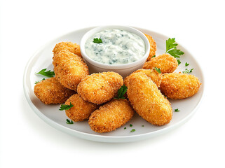 A Plate of Fried Dill Pickles and Blue Cheese Sauce