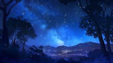 A peaceful nighttime landscape featuring twinkling stars above, shadowy trees, and distant mountain views, perfect for a calm, serene setting that evokes relaxation and beauty.

