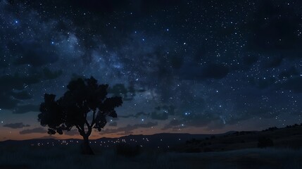 A dark tree silhouette contrasts with the starry night sky, as the glow of a distant galaxy adds a mystical touch to the view.


