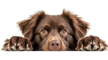 Cute brown dog peeking over white background.