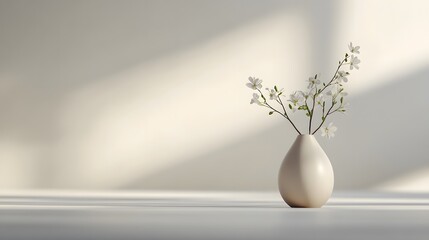 minimalist workspace with wooden desk accessories, a small ceramic vase with flowers, softly glowing against a muted white bokeh background