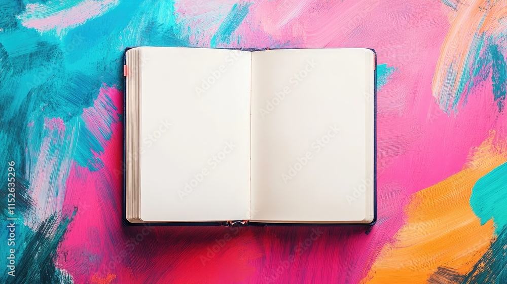 Poster closeup of an open sketchbook with blank pages on a vibrant, bold background, offering open space fo