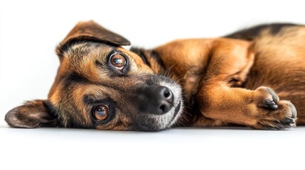 Cute brown and black dog lying on white background, looking at camera.