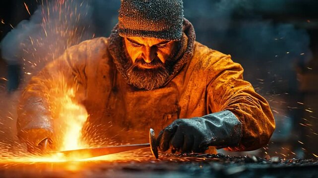 The Forge Master: A seasoned blacksmith, his face etched with years of dedication, forges a piece of metal in the heart of a fiery inferno. The sparks fly.