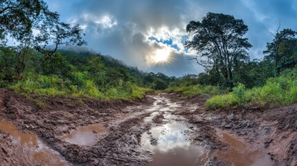 Muddy road in lush tropical landscape with puddles reflecting the sun.