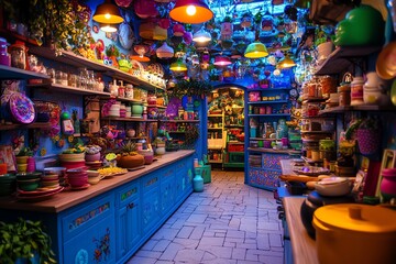 Fototapeta premium Wide-angle view of a magical kitchen, enchanted ingredients floating, vibrant colors radiating