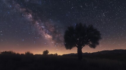 A stunning view of the Milky Way across a tranquil night sky, with the silhouette of a single tree standing against the dark horizon, creating a peaceful, isolated scene.

