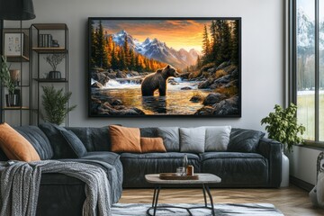 Grizzly Bear in Autumn Mountain River Landscape