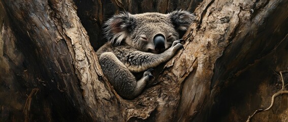 Obraz premium Sleeping koala nestled in a tree's hollow.