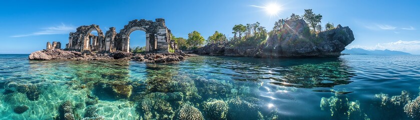 Wide-angle vista, urban ruins submerged in vibrant coral reefs, sunlight piercing the waters surface, enchanting scenery