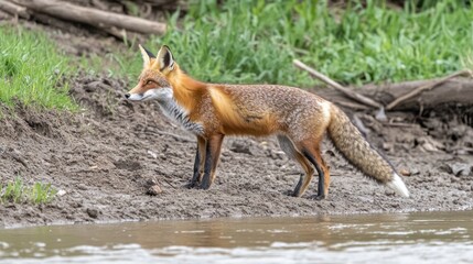 Fototapeta premium Red fox standing by riverbank, alert, looking away.