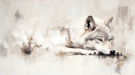 Fototapeta premium A serene white wolf resting peacefully against a soft, muted backdrop, capturing the beauty of nature's wild spirit.