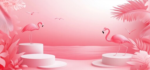 Two pink flamingos on podiums by a pink ocean with pink palm trees and birds.