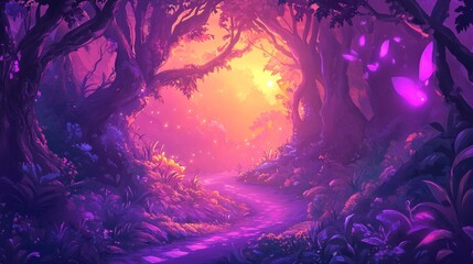 Obraz premium Magical sunset path through vibrant purple forest.
