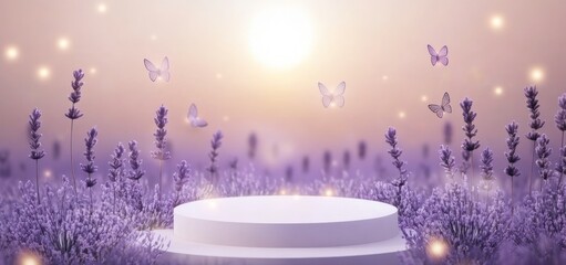 White pedestal in lavender field with butterflies and sunset.