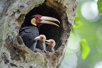 Rufous Necked Hornbill Family Tree Hollow Nest
