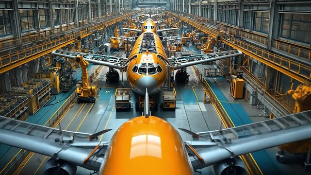 Assembly Line Precision: A mesmerizing view down an airplane assembly line, showcasing the intricate process and scale of modern aircraft manufacturing.