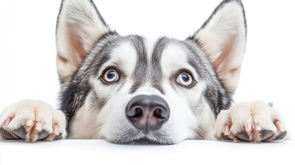 Obraz premium Close-up of a Siberian Husky resting its paws on a white surface, looking intently at the viewer.