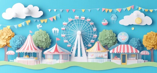 Fototapeta premium Paper art illustration of a funfair with Ferris wheel, tents, and flags.