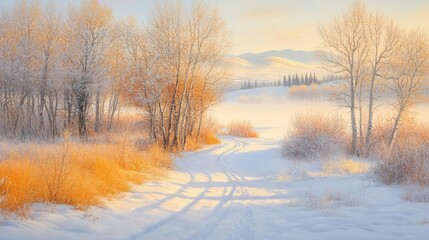 Snowy winter landscape with sunlit trees and path.