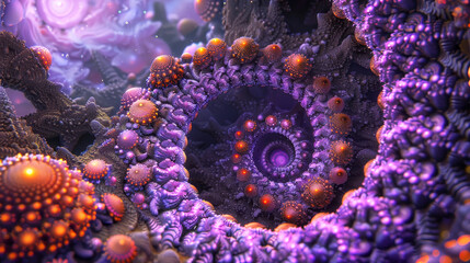 Fototapeta premium Mysterious and elegant fractal spiral background in deep purple, orange, and black tones