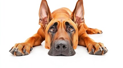 Obraz premium Sad-looking brown dog lying down on white background.
