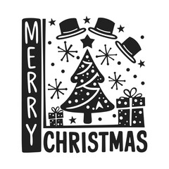 Fototapeta premium Illustration of a Christmas tree with a vintage style decoration, featuring hats and stars, with the greeting Merry Christmas in a classic typeface