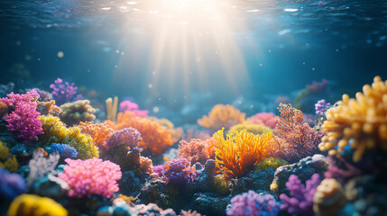 Underwater scene with vibrant coral reef bathed in blue sunlight creating a peaceful, blurred atmosphere symbolizing the calm, beauty, and mystery of the ocean's depths and natural harmony